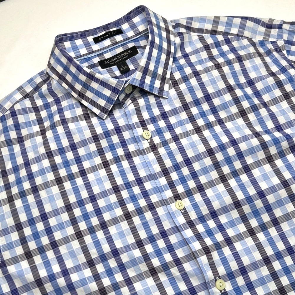 Banana Republic Mens Grant Fit Supima Cotton Button Down Shirt Blue Plaid Size L